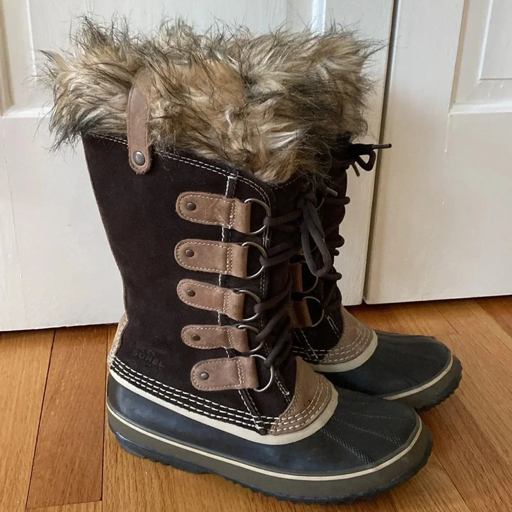 Sorel Joan‎ of Arctic Snow Boots Black Faux Fur Size 8 Brown Fur Cuff